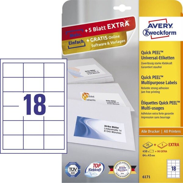 AKTION: AVERY Zweckform Etiketten 6171 weiß 64,0 x 45,0 mm, 30 Blatt + GRATIS 90 Etiketten