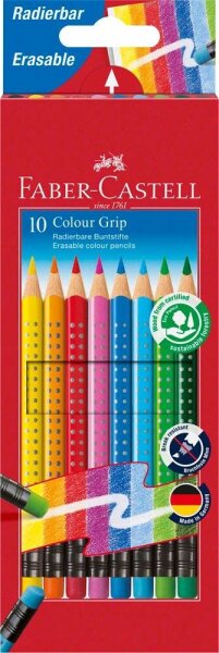 FABER-CASTELL Radierbare Grip Buntstifte farbsortiert, 10 St.