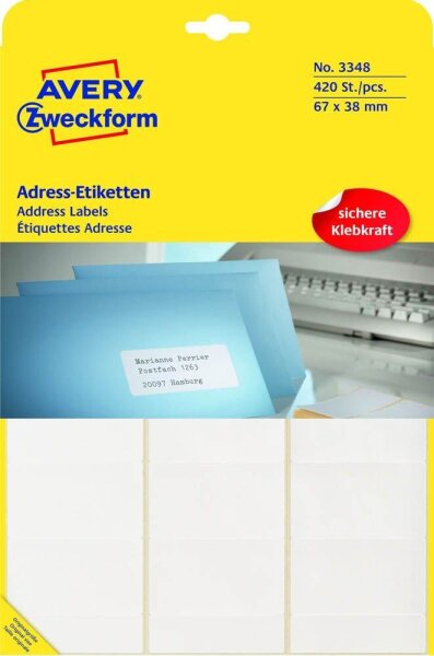 AVERY Zweckform Adressetiketten 3348 weiß 67,0 x 38,0 mm, 420 Etiketten