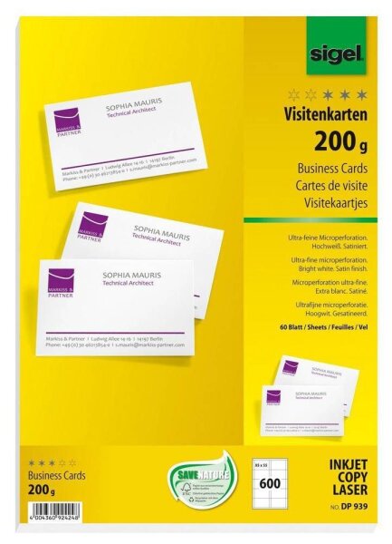 SIGEL Visitenkarten DP939 satiniert weiß 200 g/qm, 600 St.
