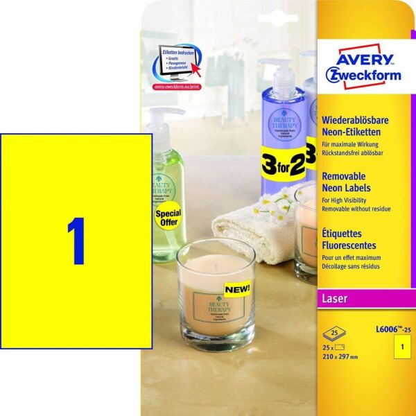 AVERY Zweckform Etiketten L6006-25 gelb 210,0 x 297,0 mm, 25 Blatt