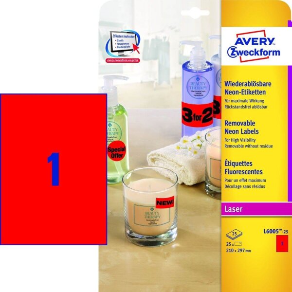 AVERY Zweckform Etiketten L6005-25 rot 210,0 x 297,0 mm, 25 Blatt