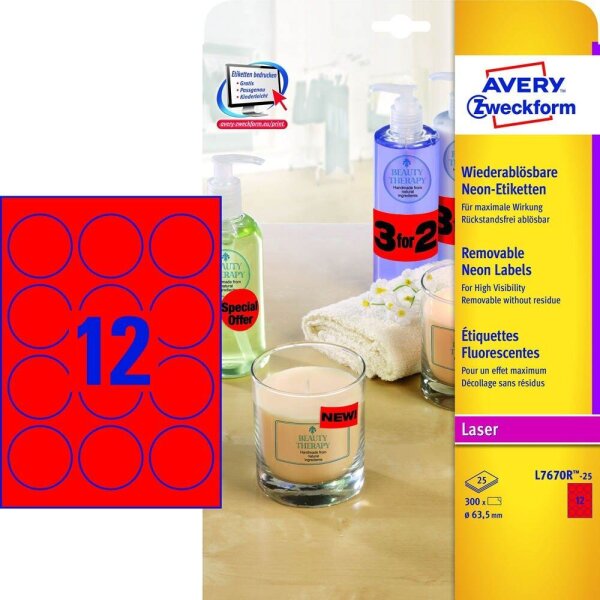 AVERY Zweckform Etiketten L7670R-25 rot 63,5 x 63,5 mm, 25 Blatt