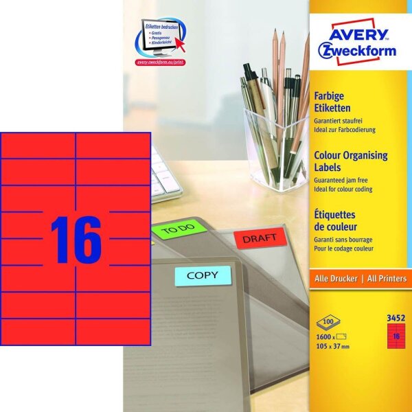 AVERY Zweckform Etiketten 3452 rot 105,0 x 37,0 mm, 100 Blatt