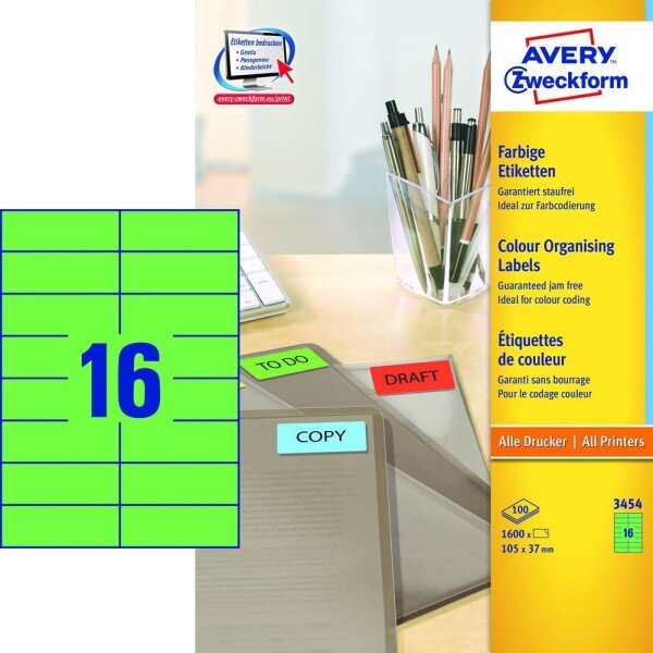 AVERY Zweckform Etiketten 3454 grün 105,0 x 37,0 mm, 100 Blatt