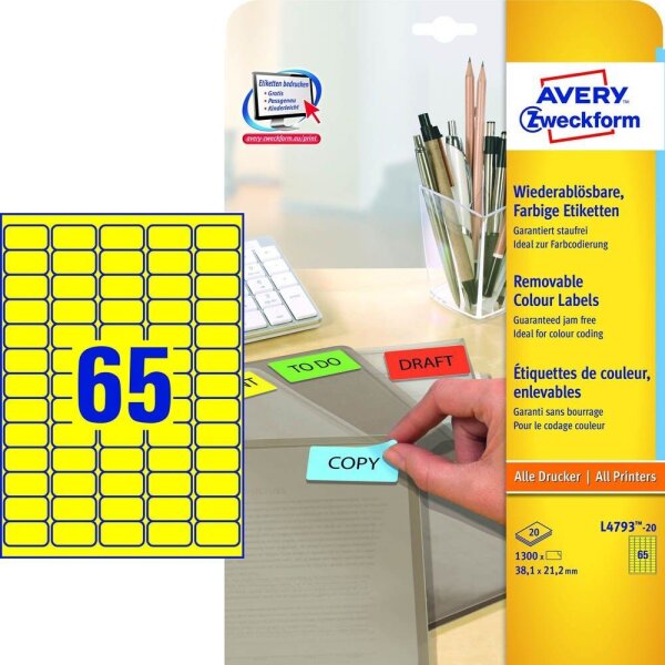 AVERY Zweckform Etiketten L4793-20 gelb 38,1 x 21,2 mm, 20 Blatt