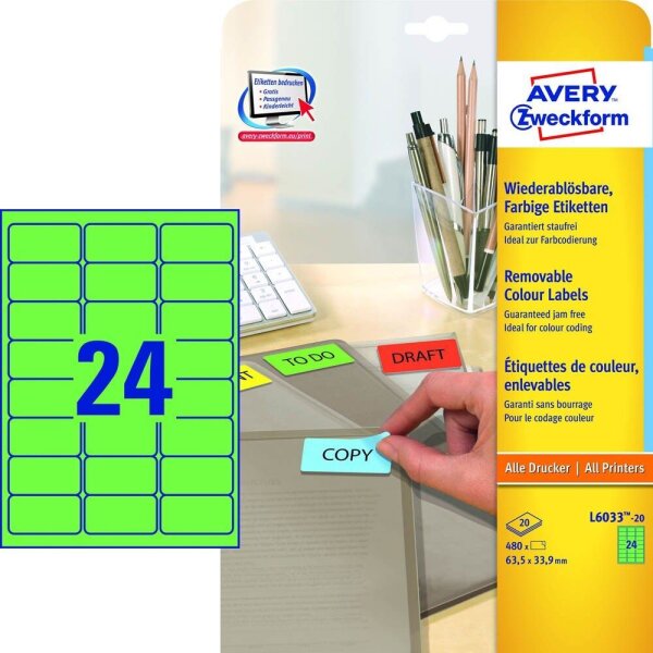 AVERY Zweckform Etiketten L6033-20 grün 63,5 x 33,9 mm, 20 Blatt