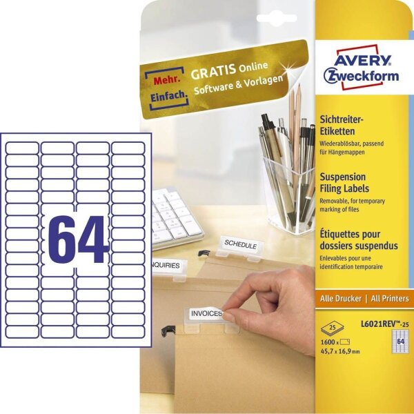 AVERY Zweckform Etiketten L6021REV-25 weiß 45,7 x 16,9 mm, 25 Blatt