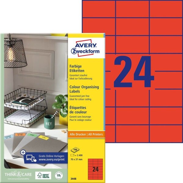 AVERY Zweckform Etiketten 3448 rot 70,0 x 37,0 mm, 100 Blatt