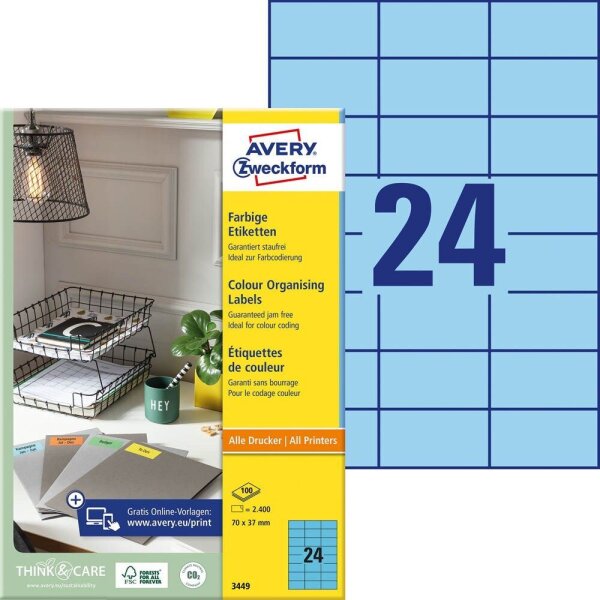 AVERY Zweckform Etiketten 3449 blau 70,0 x 37,0 mm, 100 Blatt