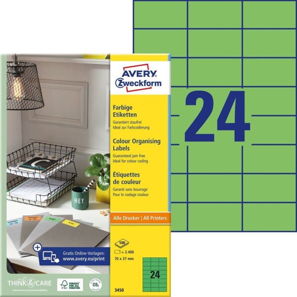 AVERY Zweckform Etiketten 3450 grün 70,0 x 37,0 mm, 100 Blatt