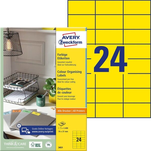 AVERY Zweckform Etiketten 3451 gelb 70,0 x 37,0 mm, 100 Blatt