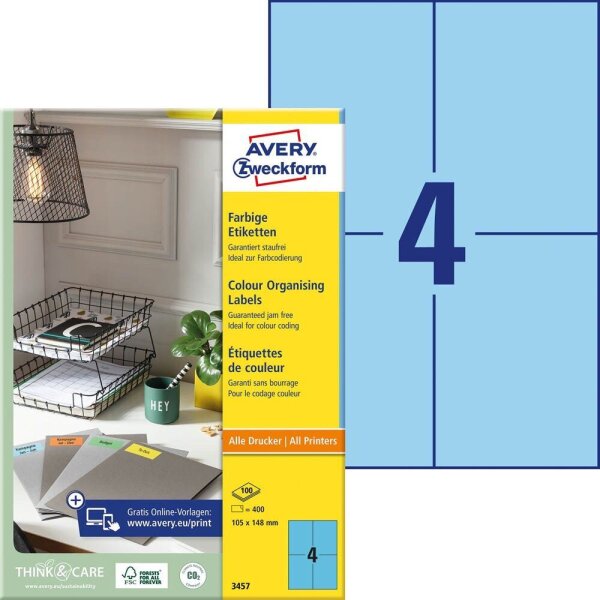 AVERY Zweckform Etiketten 3457 blau 105,0 x 148,0 mm, 100 Blatt