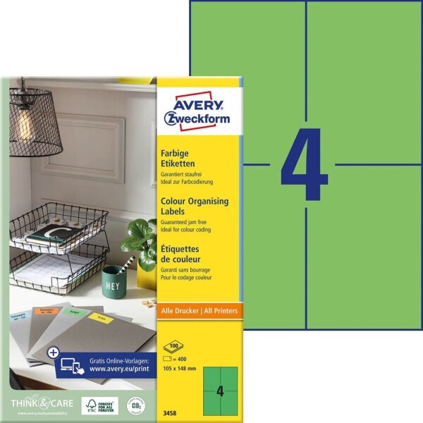 AVERY Zweckform Etiketten 3458 grün 105,0 x 148,0 mm, 100 Blatt