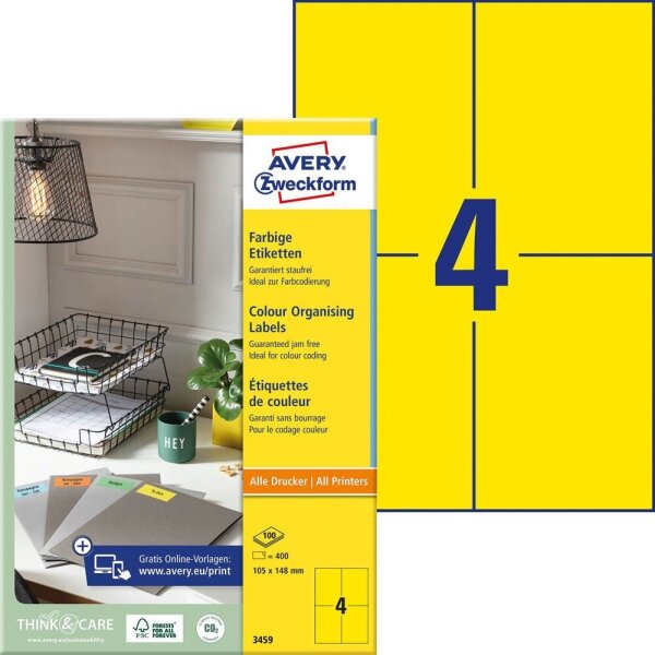 AVERY Zweckform Etiketten 3459 gelb 105,0 x 148,0 mm, 100 Blatt