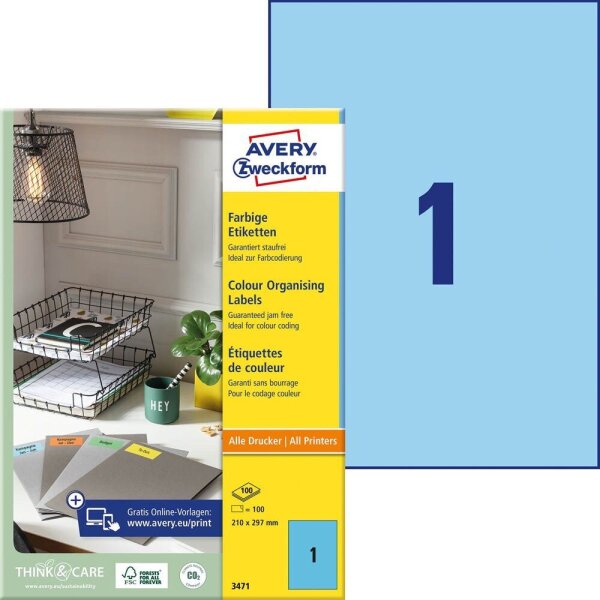 AVERY Zweckform Etiketten 3471 blau 210,0 x 297,0 mm, 100 Blatt