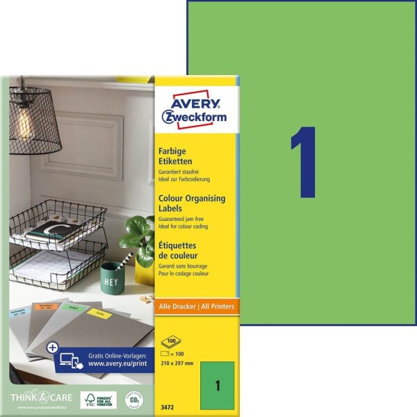 AVERY Zweckform Etiketten 3472 grün 210,0 x 297,0 mm, 100 Blatt
