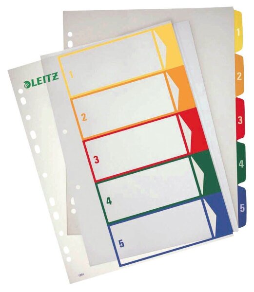 LEITZ Ordnerregister 1291 DIN A4 Vollformat, Überbreite 1-5 farbig 5-teilig, 1 Satz