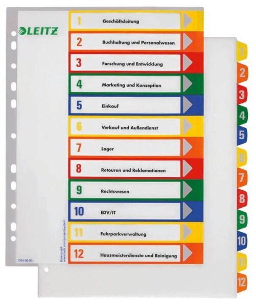 LEITZ Ordnerregister 1294 DIN A4 Vollformat, Überbreite 1-12 farbig 12-teilig, 1 Satz