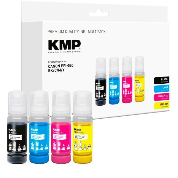 KMP  schwarz, cyan, magenta, gelb Tintenflaschen kompatibel zu Canon PFI-050 BK/C/M/Y, 4er-Set