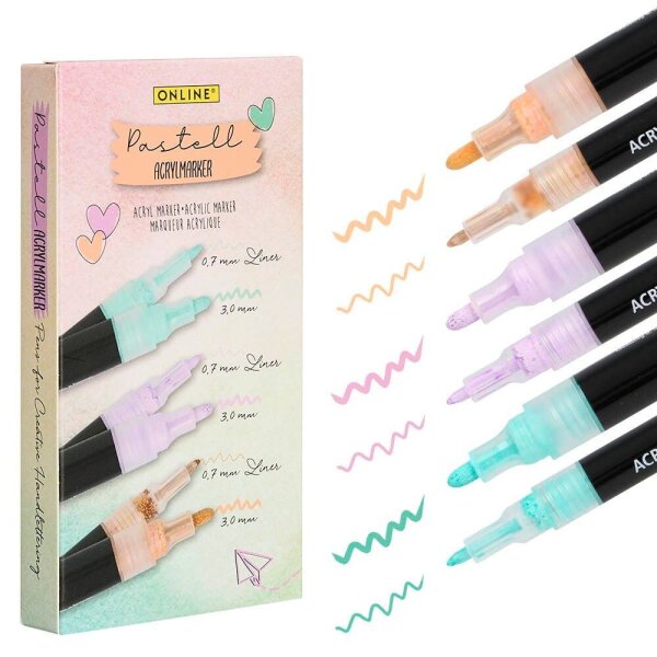 ONLINE® Pastell Lettering Acrylstifte-Set farbsortiert 0,7 + 3,0 mm, 6 St.