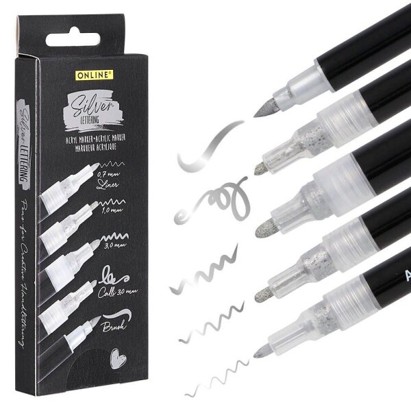 ONLINE® Silver Lettering Acrylstifte-Set silber 5 St.