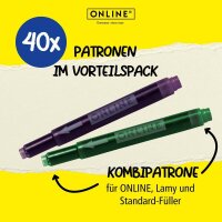 ONLINE® Tintenpatronen für Füller Kombi königsblau, schwarz, braun, nachtblau, lila, rot, grün, türkis, 40 St.