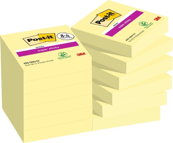 8 + 4 GRATIS: Post-it® Super Sticky Notes Haftnotizen extrastark gelb, 8 Blöcke + GRATIS 4 Blöcke