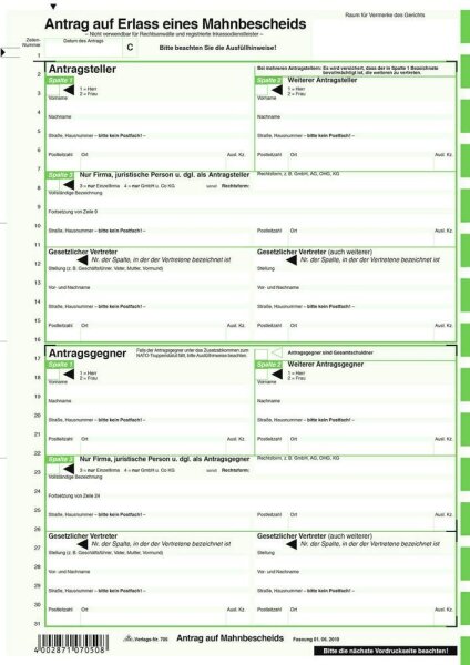 RNK-Verlag Mahnbescheide für maschinelle Bearbeitung Formulare 705/10, 10 St.