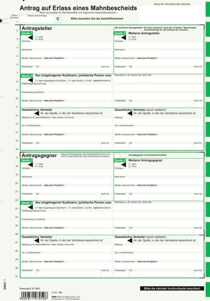 RNK-Verlag Mahnbescheid für maschinelle Bearbeitung Formulare 705L/10, 10 St.