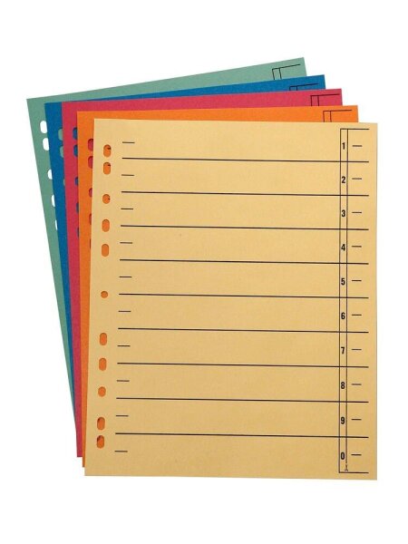 Wekre Trennblätter DIN A4 1-0 gelb, orange, rot, blau, grün, 230 g/m², 100 Blatt