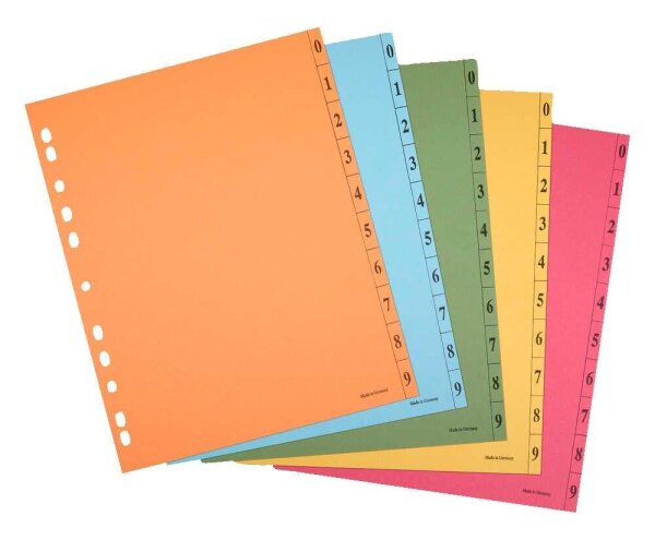 Trennblätter DIN A4 0-9 farbsortiert, 250 g/qm, 100 Blatt