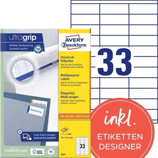 AVERY Zweckform Etiketten 3421 weiß 70,0 x 25,4 mm, 100 Blatt