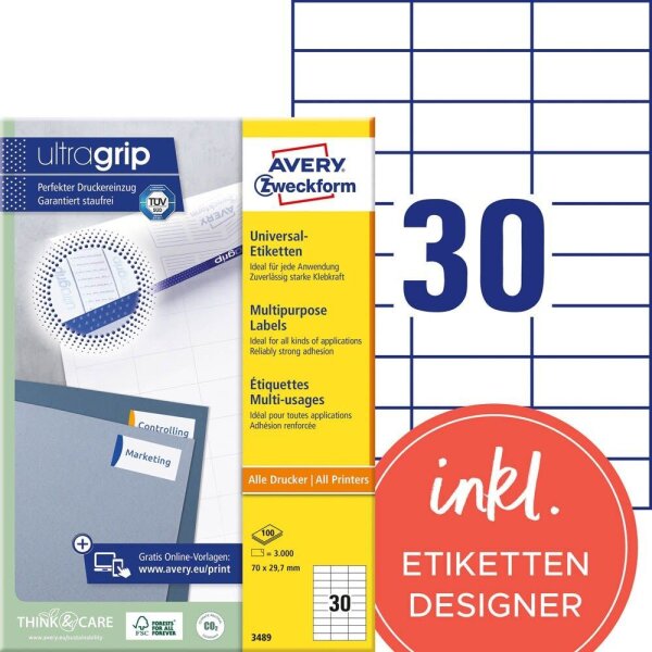 AVERY Zweckform Etiketten 3489 weiß 70,0 x 29,7 mm, 100 Blatt