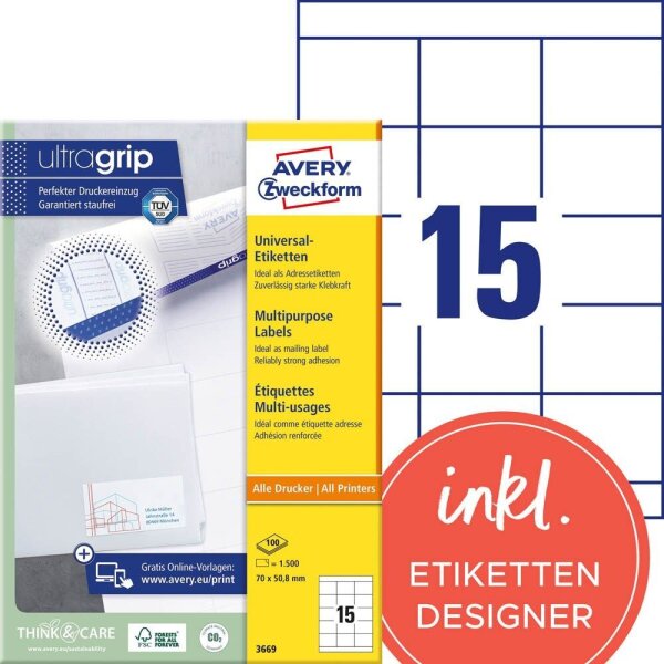 AVERY Zweckform Etiketten 3669 weiß 70,0 x 50,8 mm, 100 Blatt