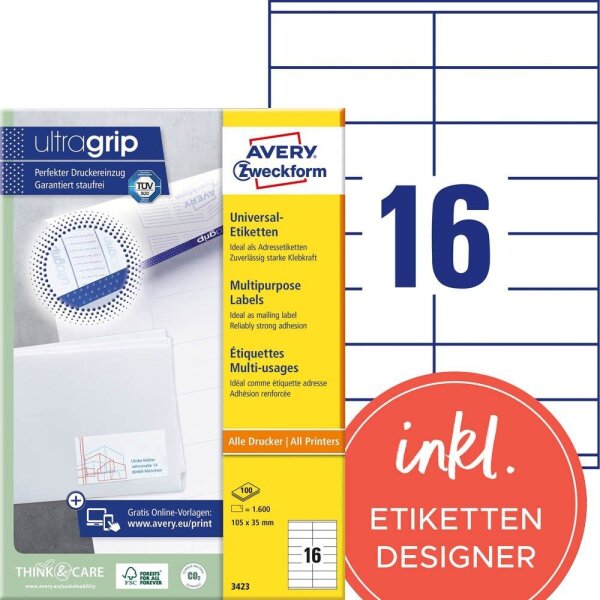AVERY Zweckform Etiketten 3423 weiß 105,0 x 35,0 mm, 100 Blatt