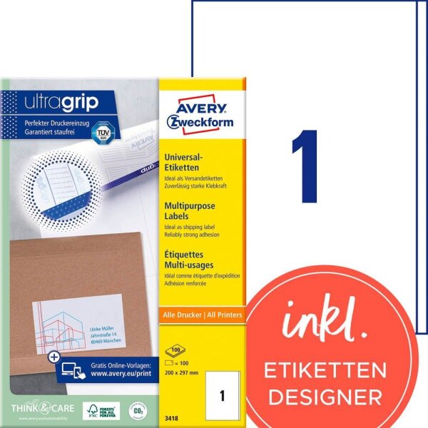 AVERY Zweckform Etiketten 3418 weiß 200,0 x 297,0 mm, 100 Blatt