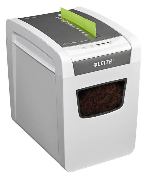 LEITZ IQ Home Office Slim Aktenvernichter mit Partikelschnitt P-4, 4 x 28 mm, bis 10 Blatt, weiß