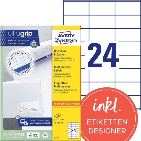 AVERY Zweckform Etiketten 3475 weiß 70,0 x 36,0 mm, 100 Blatt