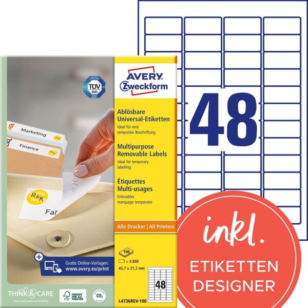 AVERY Zweckform Etiketten L4736REV-100 weiß 45,7 x 21,2 mm, 100 Blatt