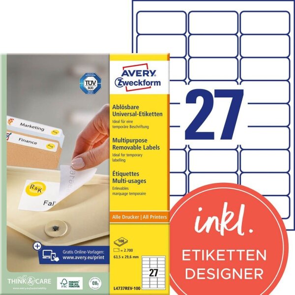 AVERY Zweckform Etiketten L4737REV-100 weiß 63,5 x 29,6 mm, 100 Blatt