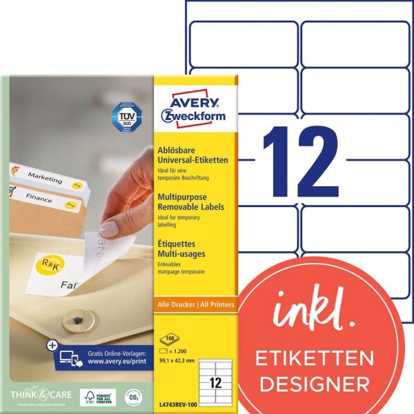 AVERY Zweckform Etiketten L4743REV-100 weiß 99,1 x 42,3 mm, 100 Blatt