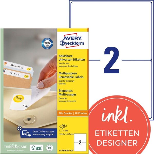 AVERY Zweckform Etiketten L4734REV-100 weiß 199,6 x 143,5 mm, 100 Blatt