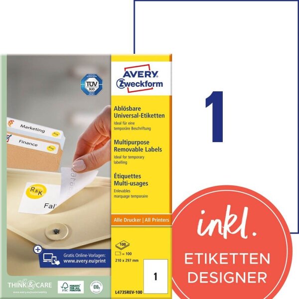 AVERY Zweckform Etiketten L4735REV-100 weiß 210,0 x 297,0 mm, 100 Blatt
