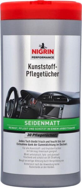 NIGRIN feuchte Reinigungstücher Performance Kunststoffpflege seidenmatt 1-lagig weiß, 30 St.