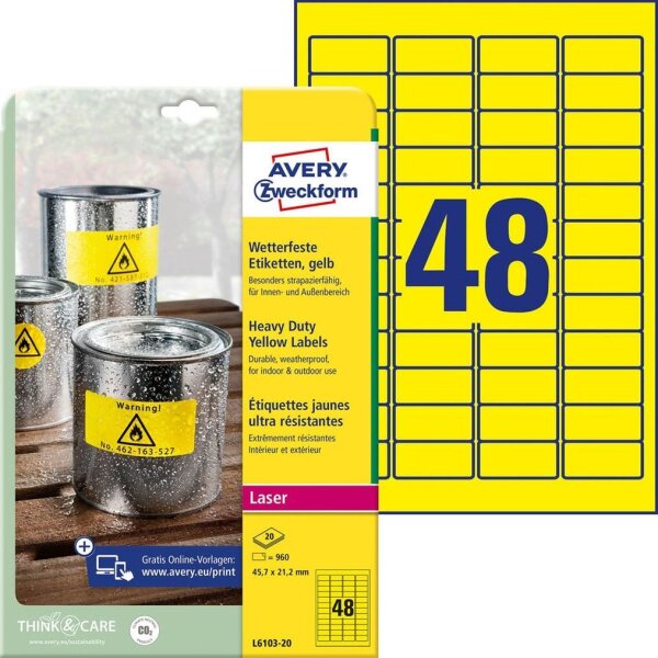 AVERY Zweckform wetterfeste Folienetiketten L6103-20 gelb 45,7 x 21,2 mm, 20 Blatt