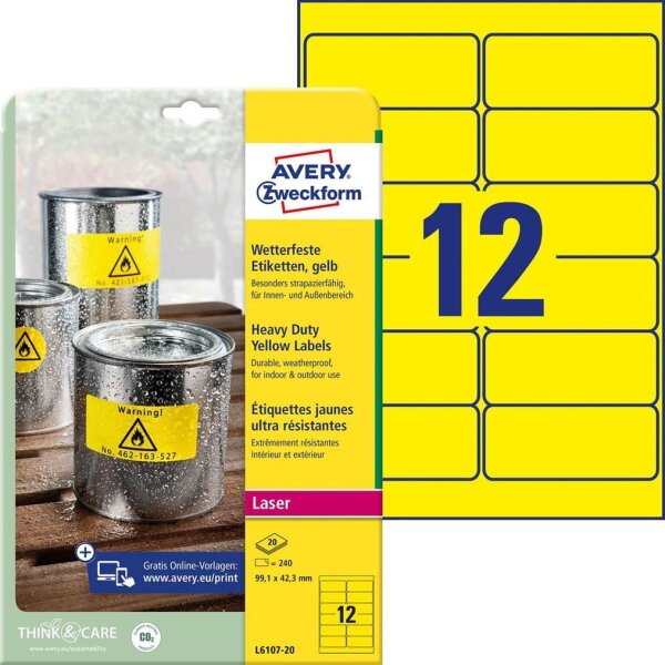 AVERY Zweckform wetterfeste Folienetiketten L6107-20 gelb 99,1 x 42,3 mm, 20 Blatt