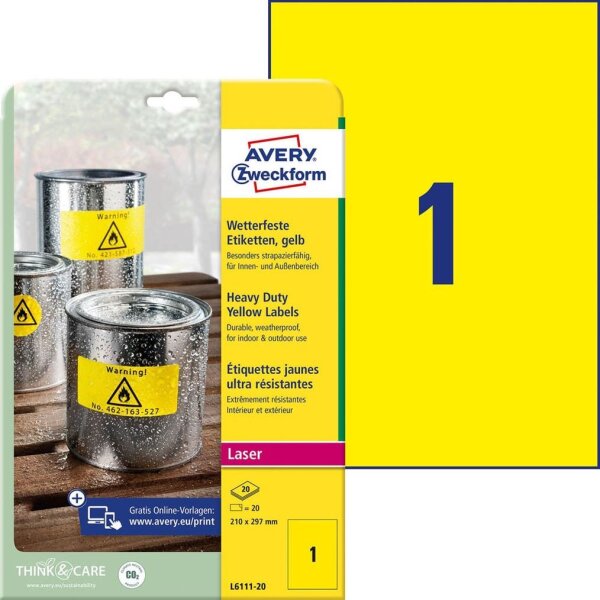 AVERY Zweckform wetterfeste Folienetiketten L6111-20 gelb 210,0 x 297,0 mm, 20 Blatt