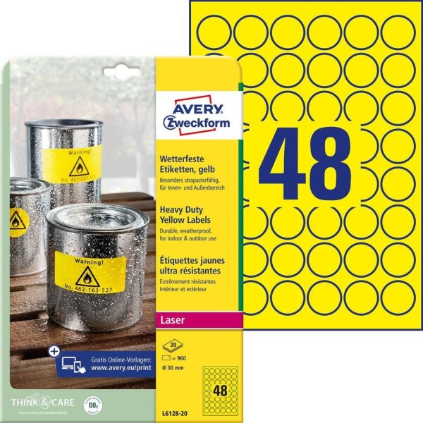 AVERY Zweckform wetterfeste Folienetiketten L6128-20 gelb 30,0 x 30,0 mm, 20 Blatt