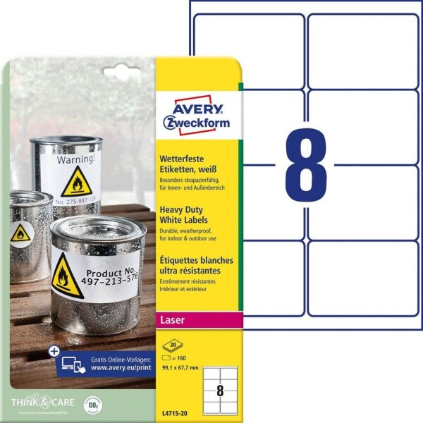 AVERY Zweckform wetterfeste Folienetiketten L4715-20 weiß 99,1 x 67,7 mm, 20 Blatt